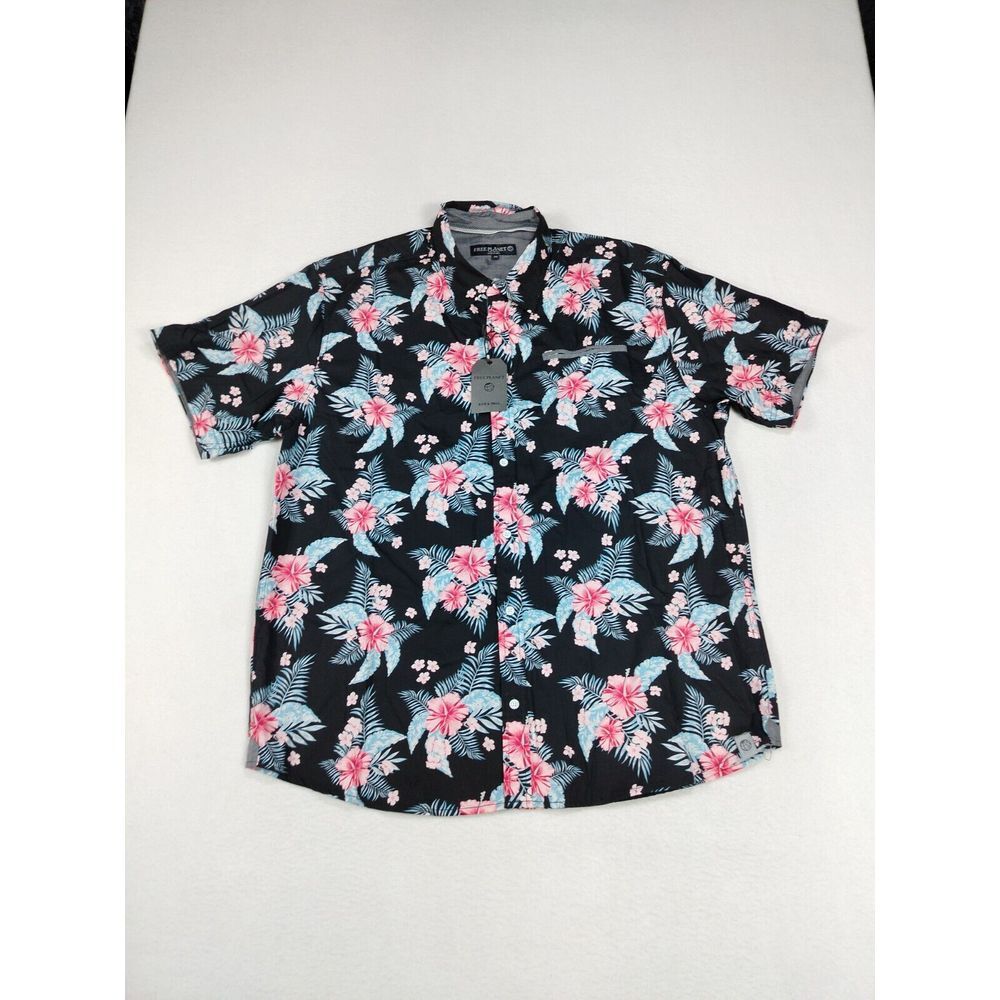 Free Planet Shirt Men's 2X Black Hawaiian Floral Tropical Beach Short Sleeve NWT